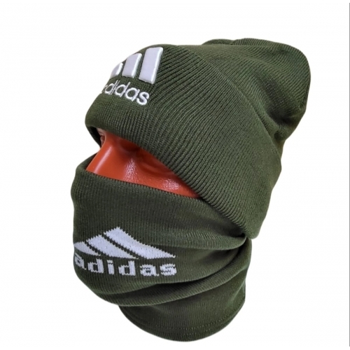 Комплект шапка+снуд хаки Adidas, двойная вязка.