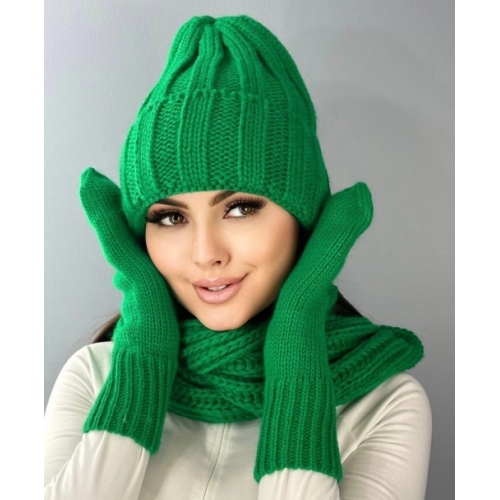Комплект зима шапка+хомут+варежки зеленый